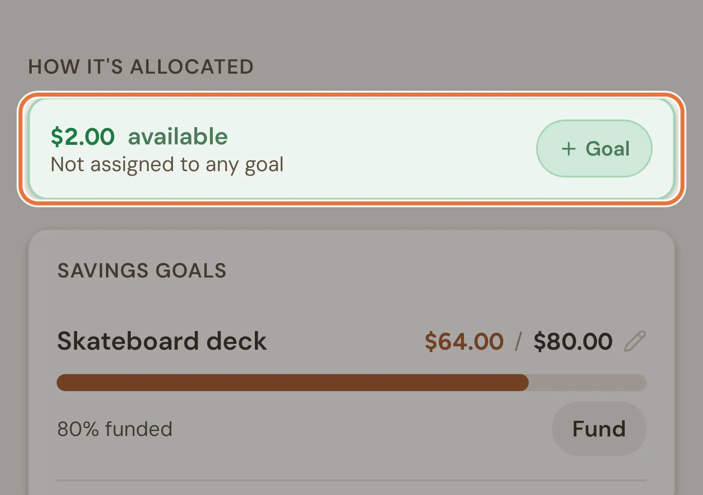 A bucket page showing $2.00 available, not assigned to any goal, with a skateboard goal listed below