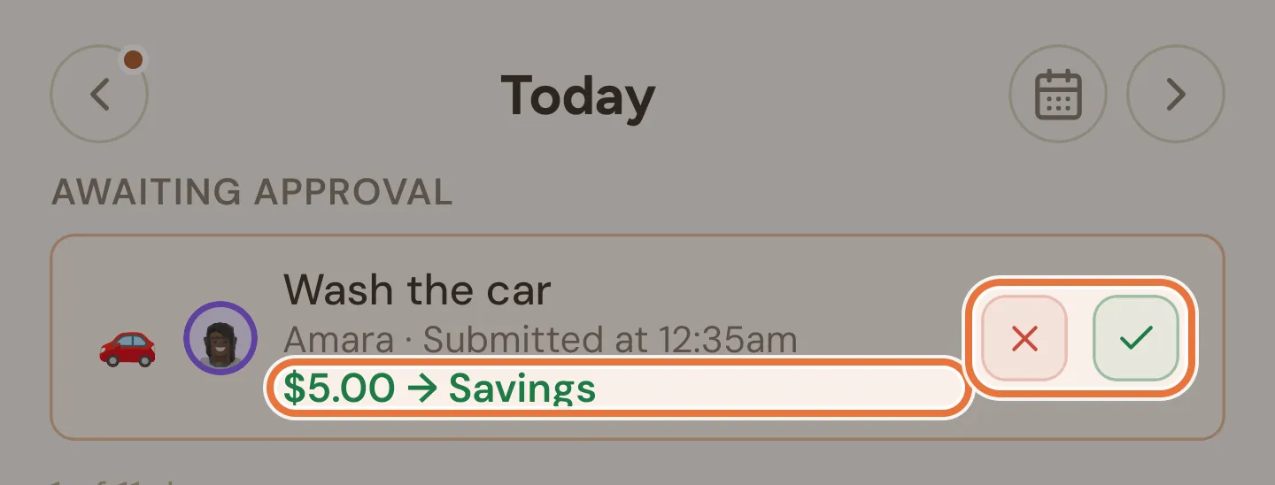 An awaiting approval card showing Wash the car, $5.00 to Savings, with approve and decline buttons