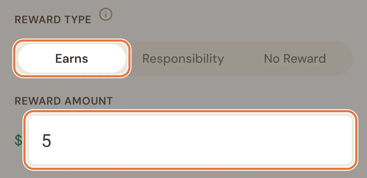 Reward type set to Earns with a reward amount of 5
