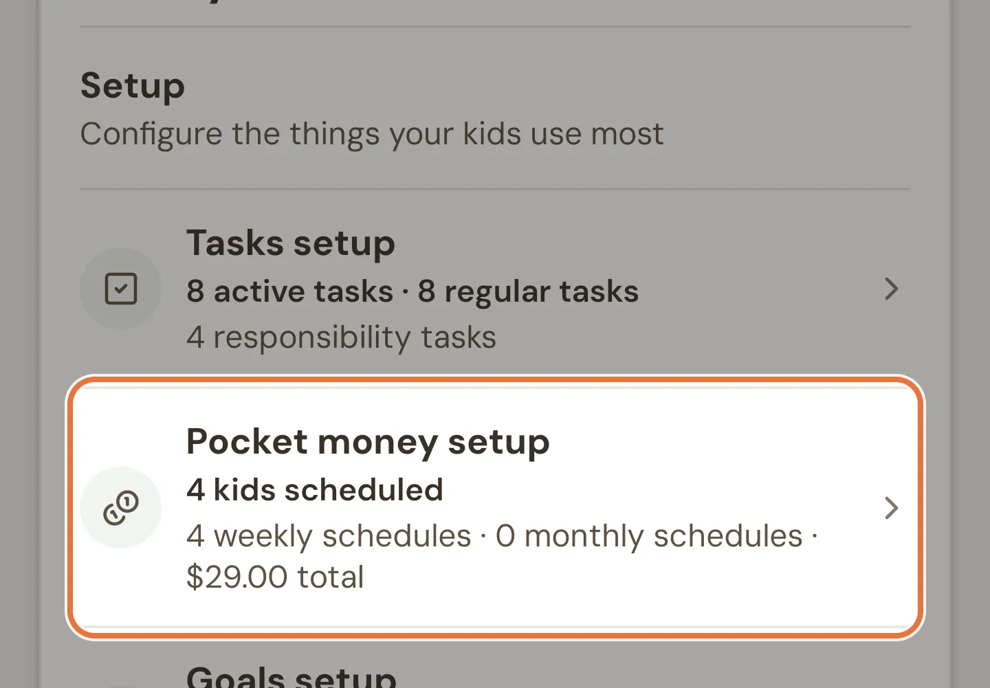 The Setup group on the Family tab with the Pocket money setup row highlighted