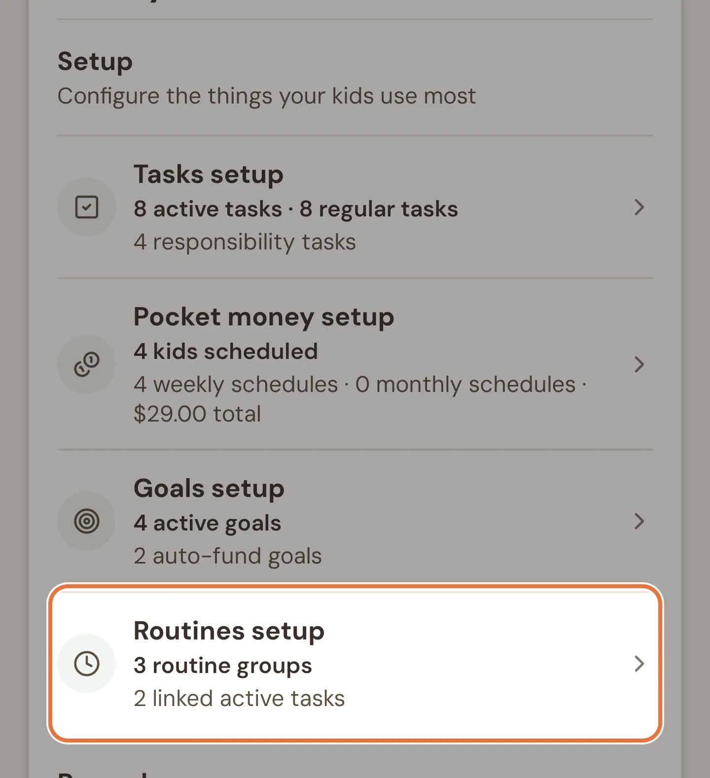 The Setup group on the Family tab with the Routines setup row highlighted