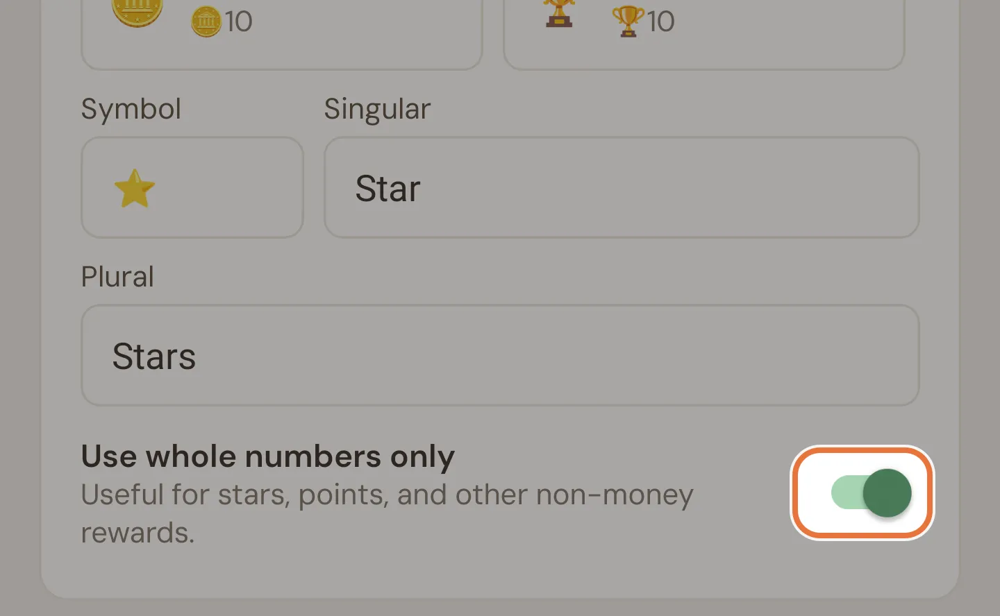 Currency fields showing the star symbol, Star and Stars as the names, and Use whole numbers only switched on