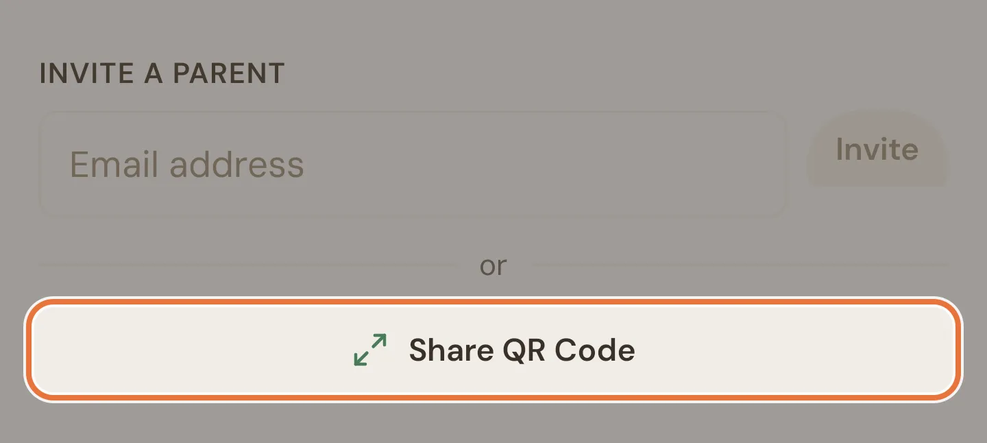 Invite a parent section with an email field and a Share QR Code button