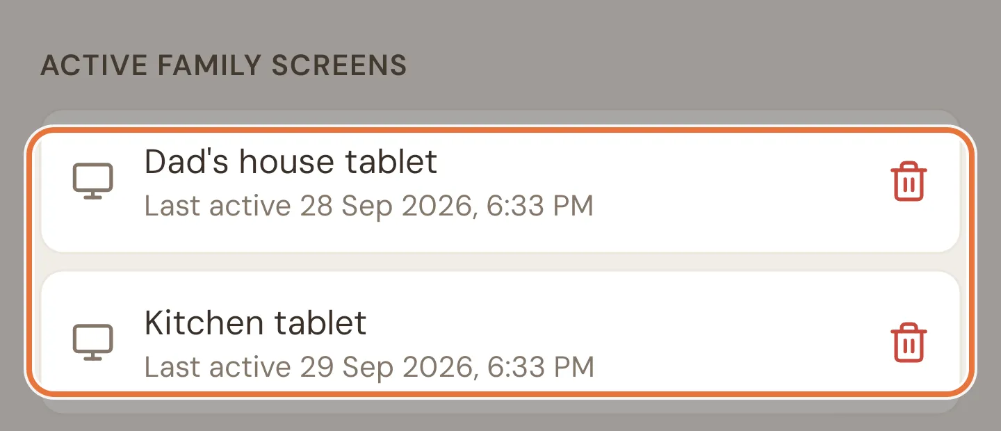 Active family screens list with two linked tablets, when each was last active and a bin icon to remove it