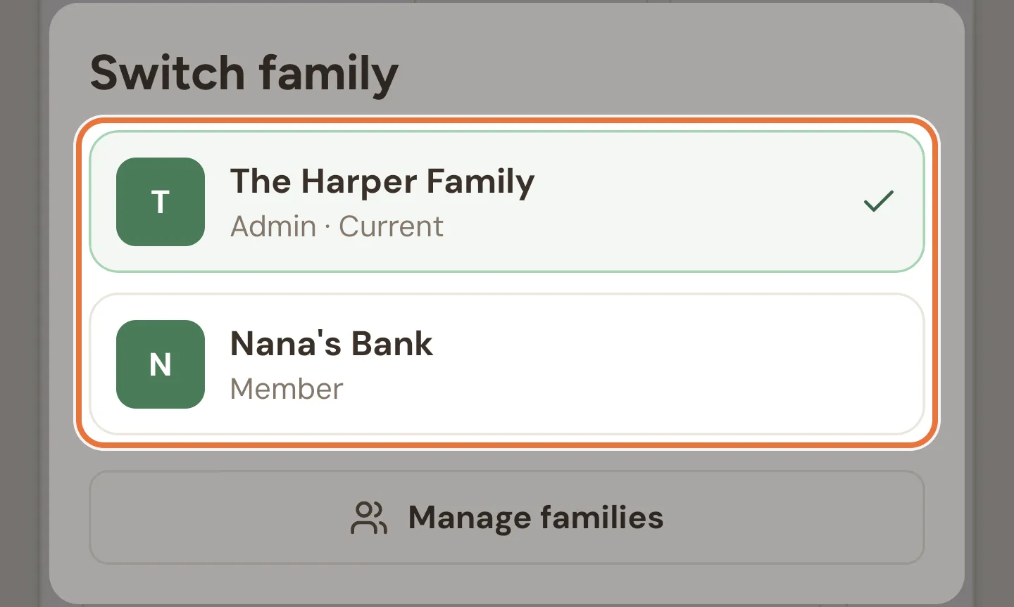 Switch family sheet listing two families with Admin and Member labels, the current one ticked