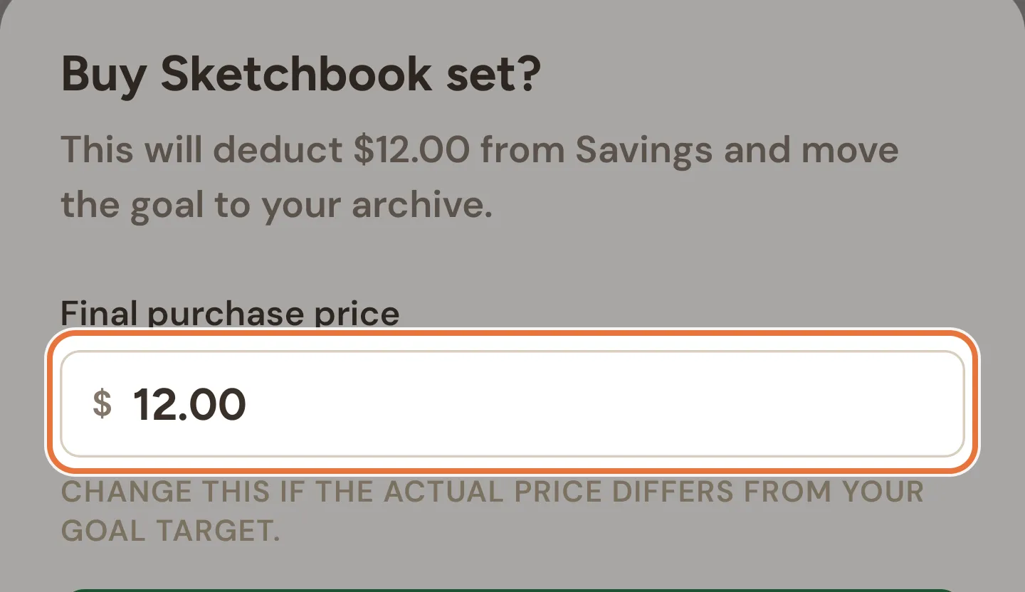 Purchase sheet with the final purchase price field
