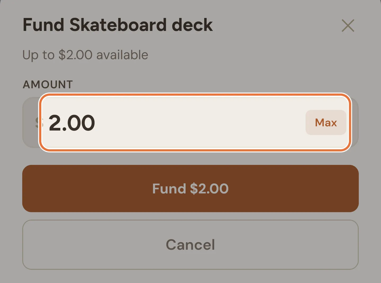 Fund goal sheet with an amount and a Max button