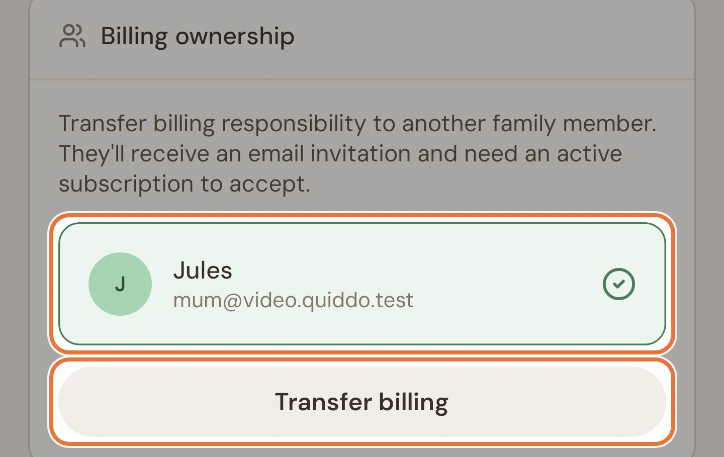 Billing ownership card with a co-parent selected and a Transfer billing button