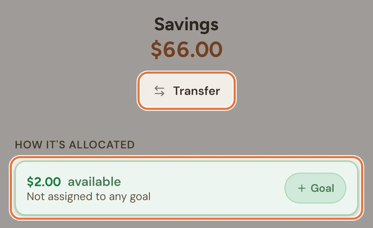 A Savings bucket page showing its balance, a Transfer button, and an available amount with a Goal button