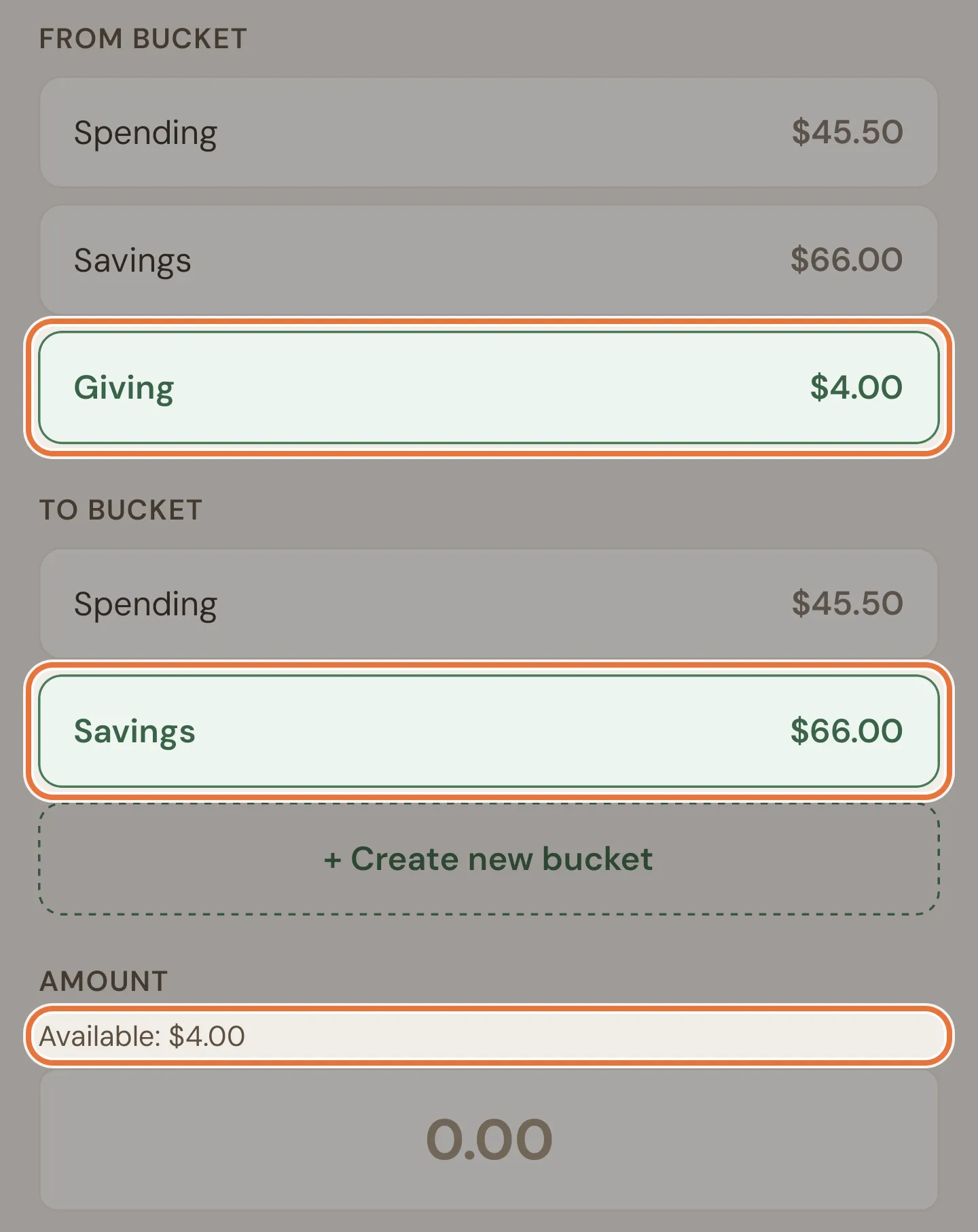 Transfer form with From Bucket set to Giving, To Bucket set to Savings, and the available balance above the amount