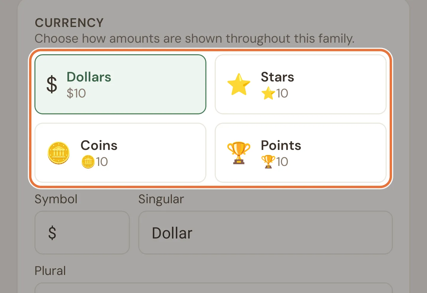 New family form with a family name field and currency presets for Dollars, Stars, Coins and Points