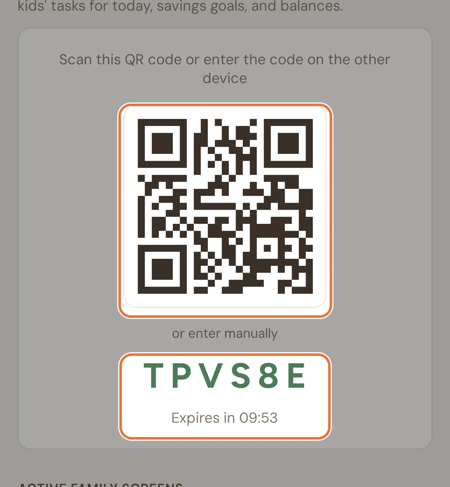 The Family screen section on the Family tab with a QR code, a six-character code and an Expires in countdown