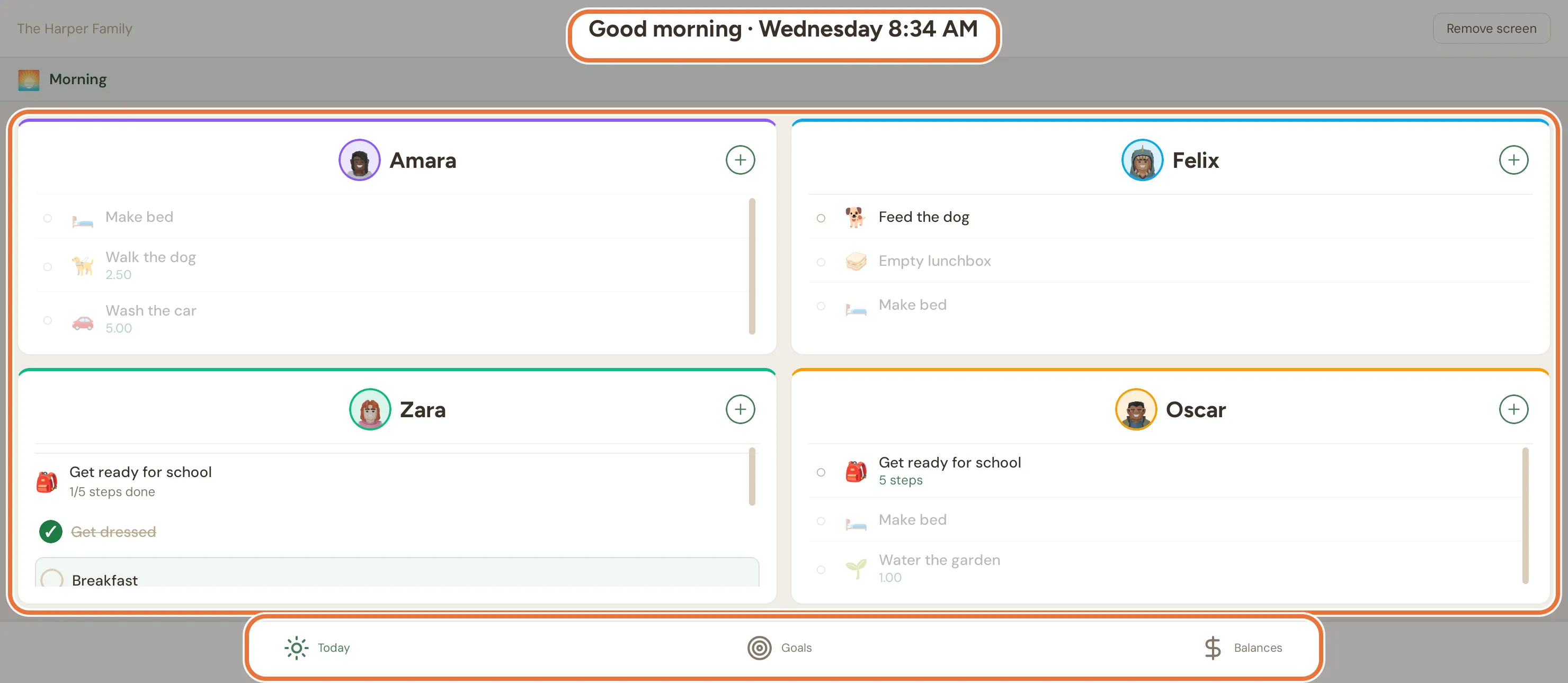 A family screen in landscape with a greeting, a card for each kid's jobs, and Today, Goals and Balances tabs along the bottom