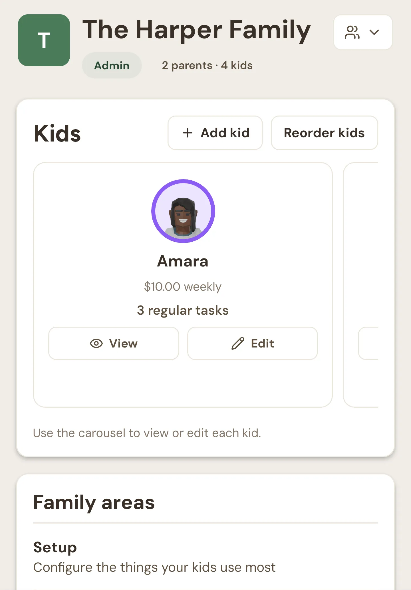 The Family tab with the family name and badges at the top, the Kids carousel, and the Family areas panel below