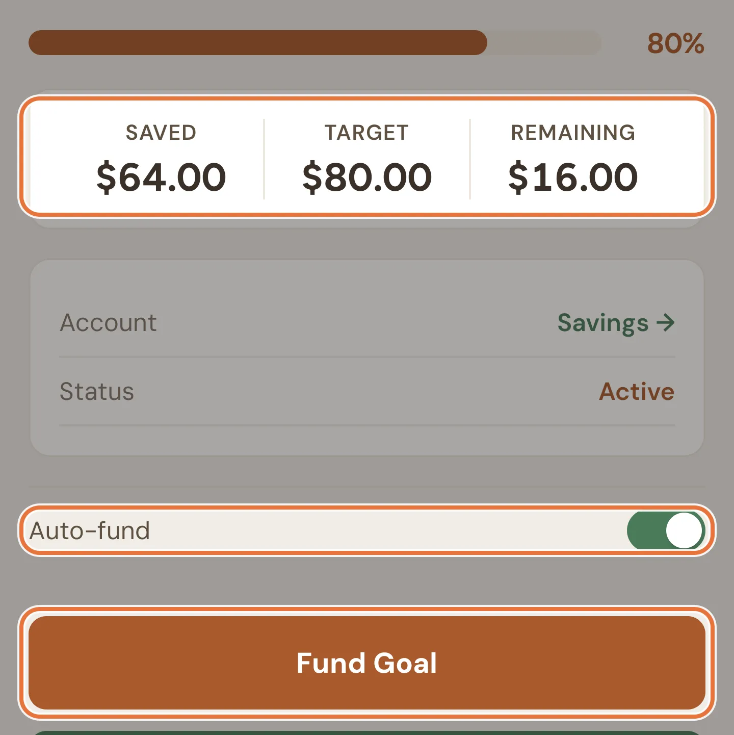 A goal page showing progress, the Saved, Target and Remaining figures, the Auto-fund switch and the Fund Goal button