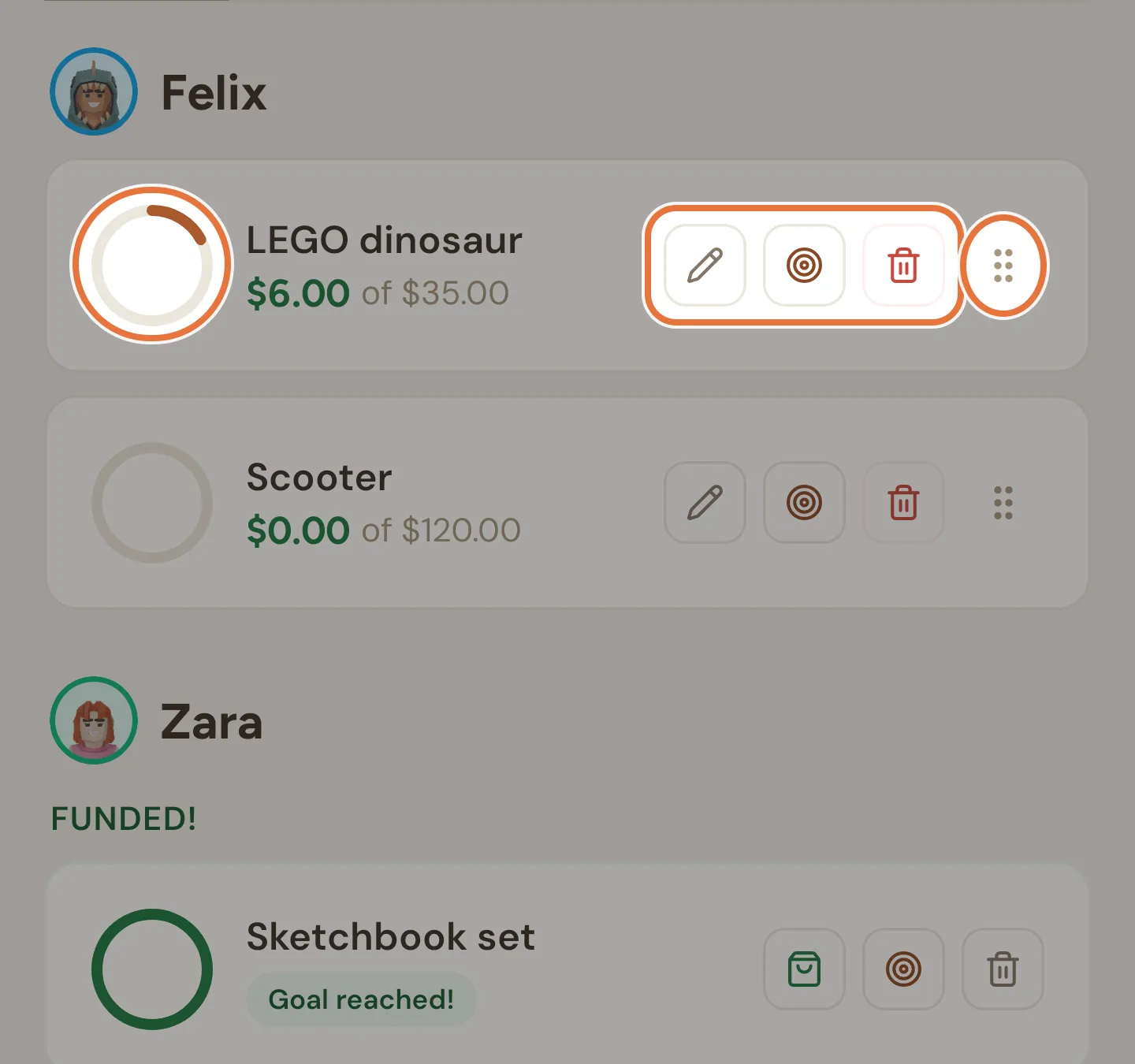 One kid's goals in the Goals list, with progress rings, amounts, action icons and drag handles, and a Funded! group below