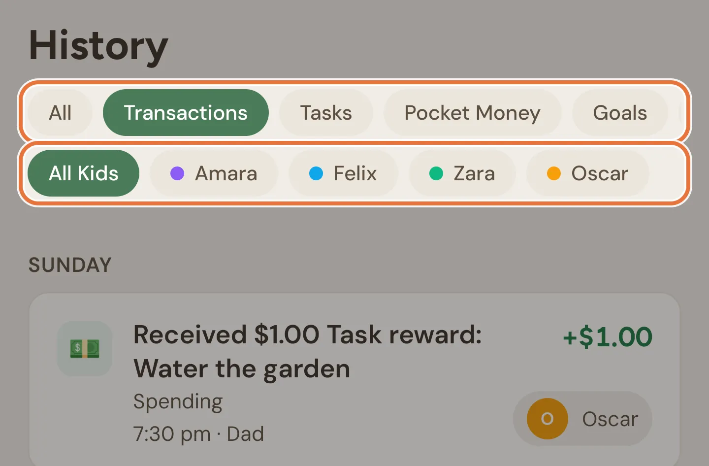 The History screen with the Transactions filter selected, type and kid chips at the top, and the first entry below