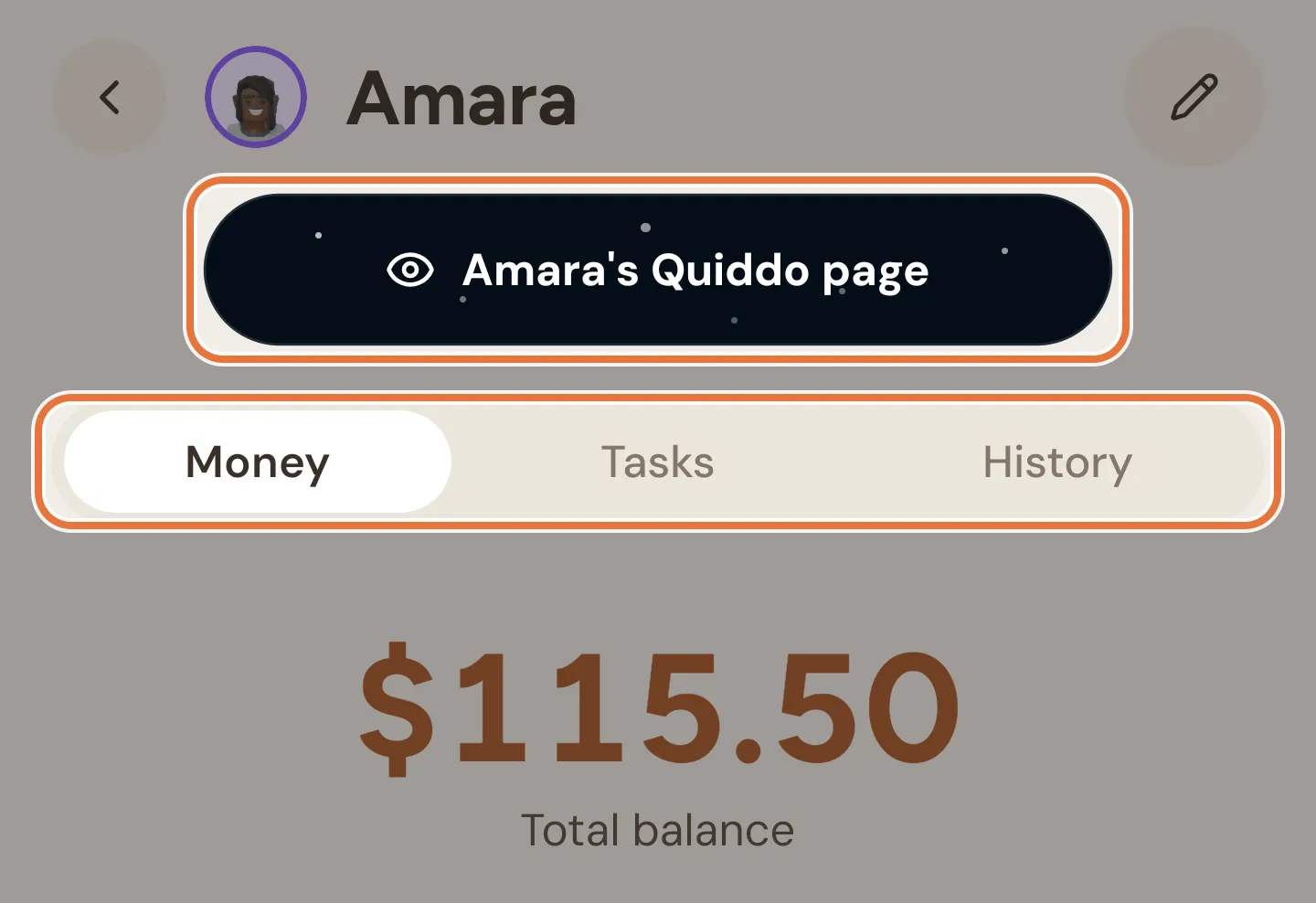 A kid's page with their name at the top, a dark Quiddo page button, the Money, Tasks and History switch and their total balance