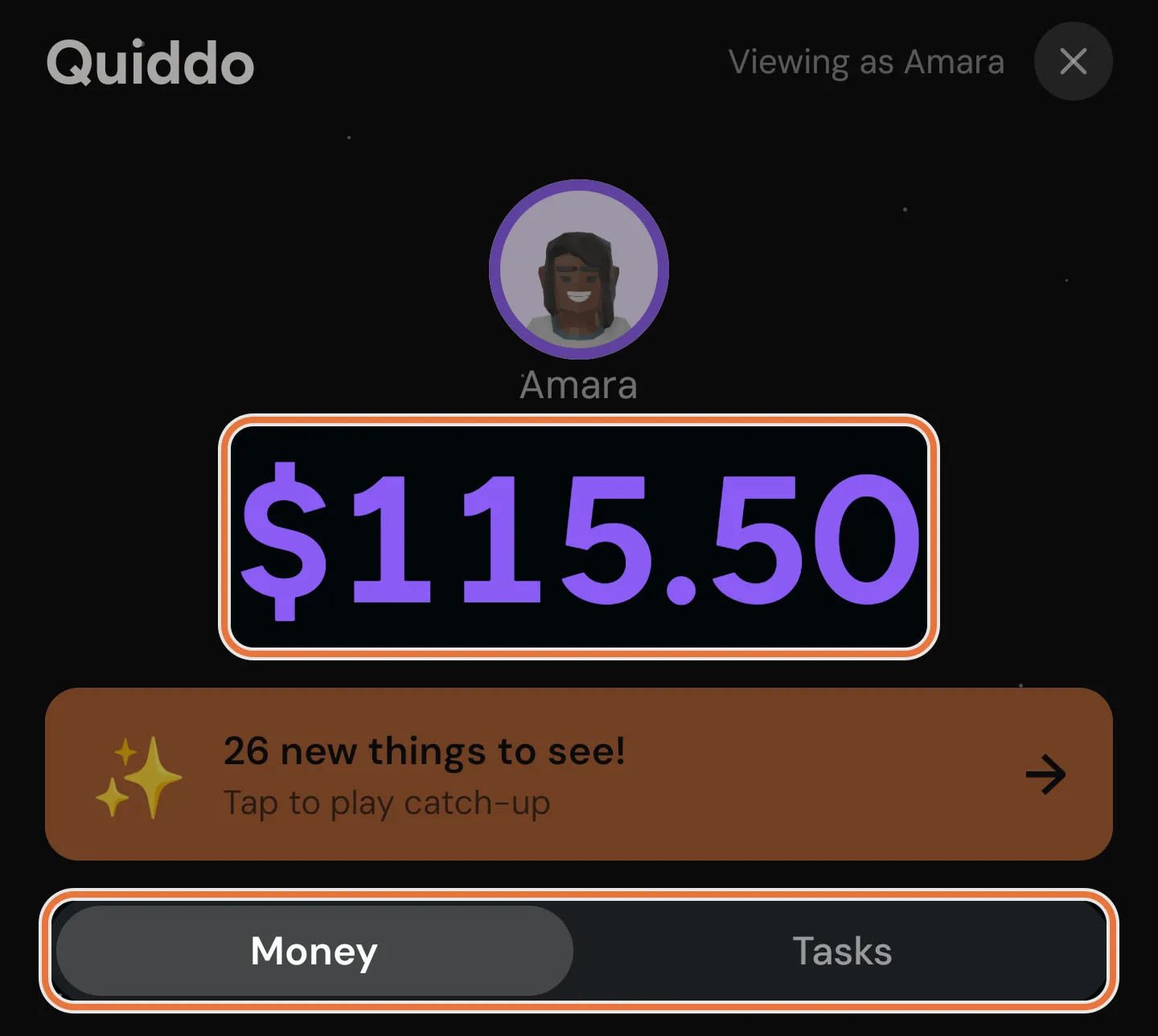 A kid's Quiddo page with their avatar, a large balance, and Money and Tasks tabs