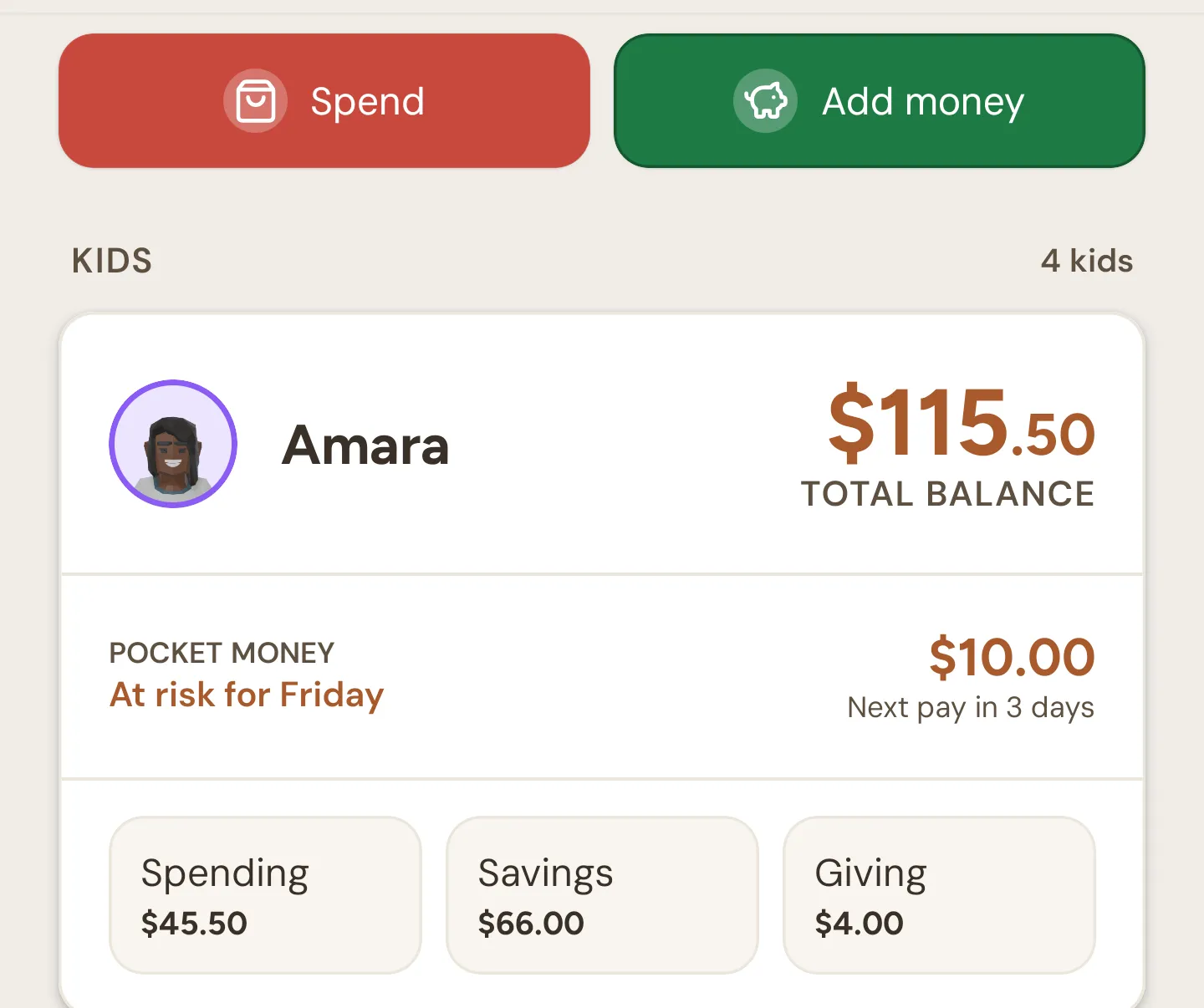 The Money tab with Spend and Add money buttons at the top and a card for each kid below