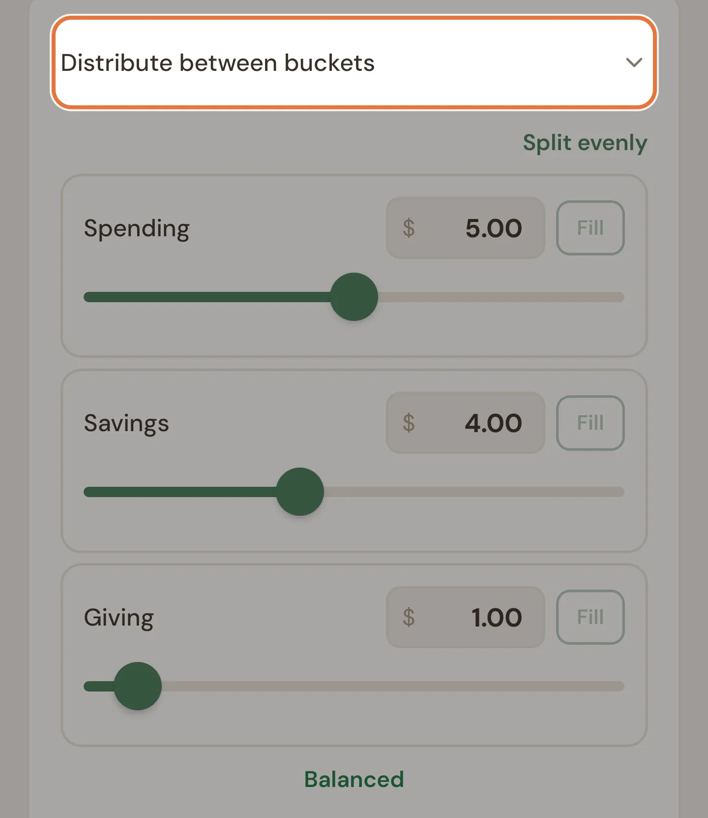 The Distribute between buckets section open, with the amount shared across Spending, Savings and Giving