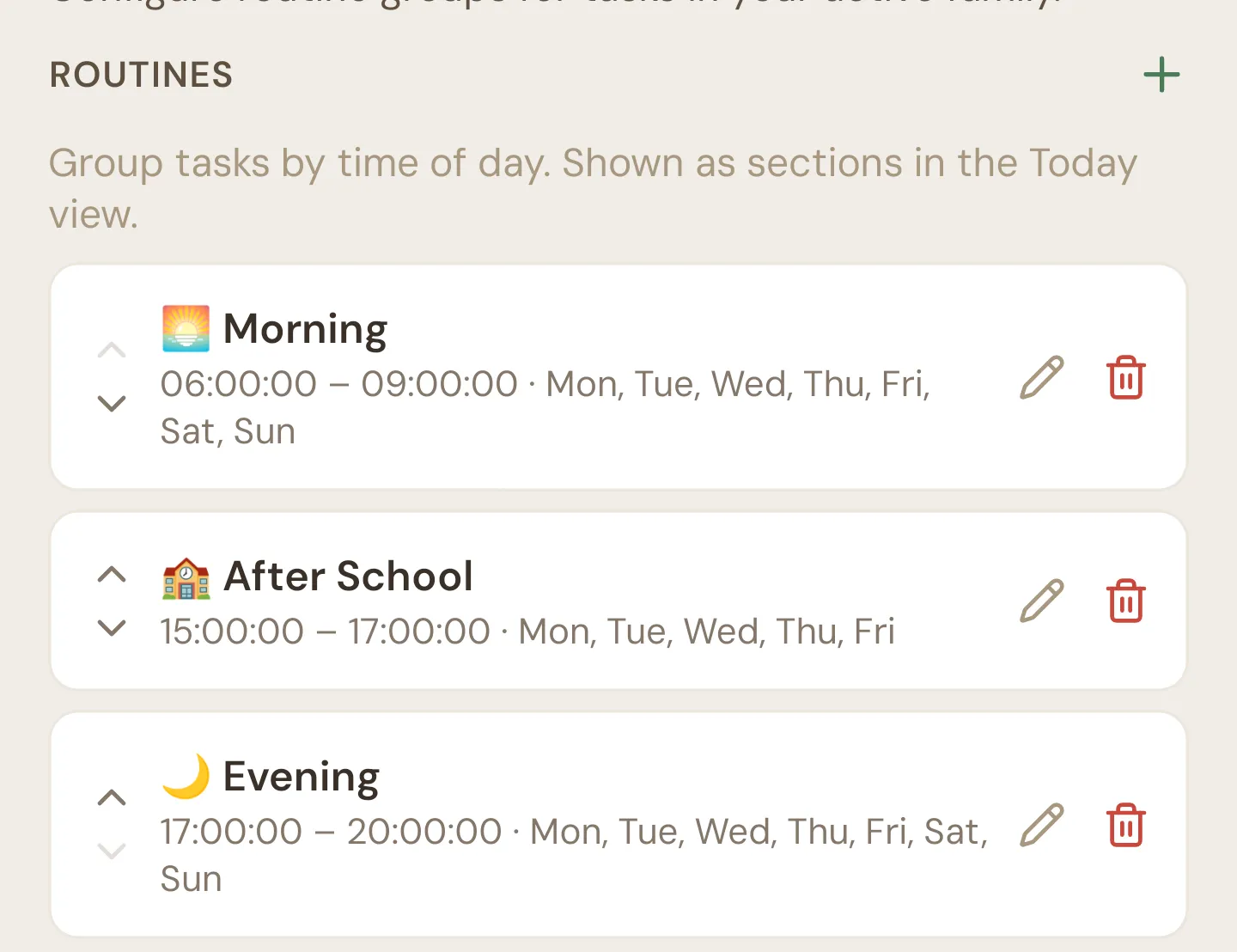 The Routines screen with cards for Morning, After School and Evening, each showing times, days, reorder arrows, a pencil and a bin