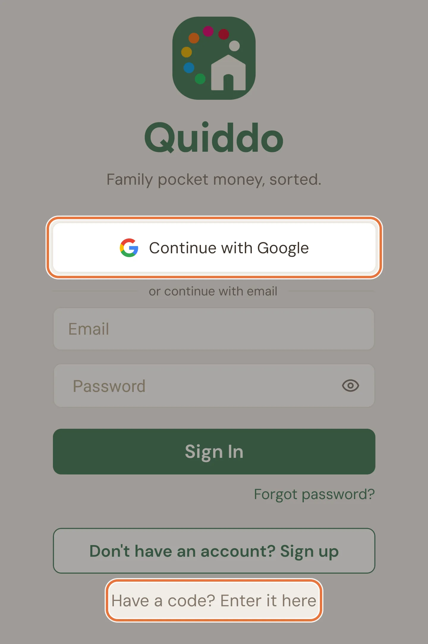 The sign-in screen with a Continue with Google button, email and password fields, Sign In, Forgot password?, a sign-up button and Have a code? Enter it here