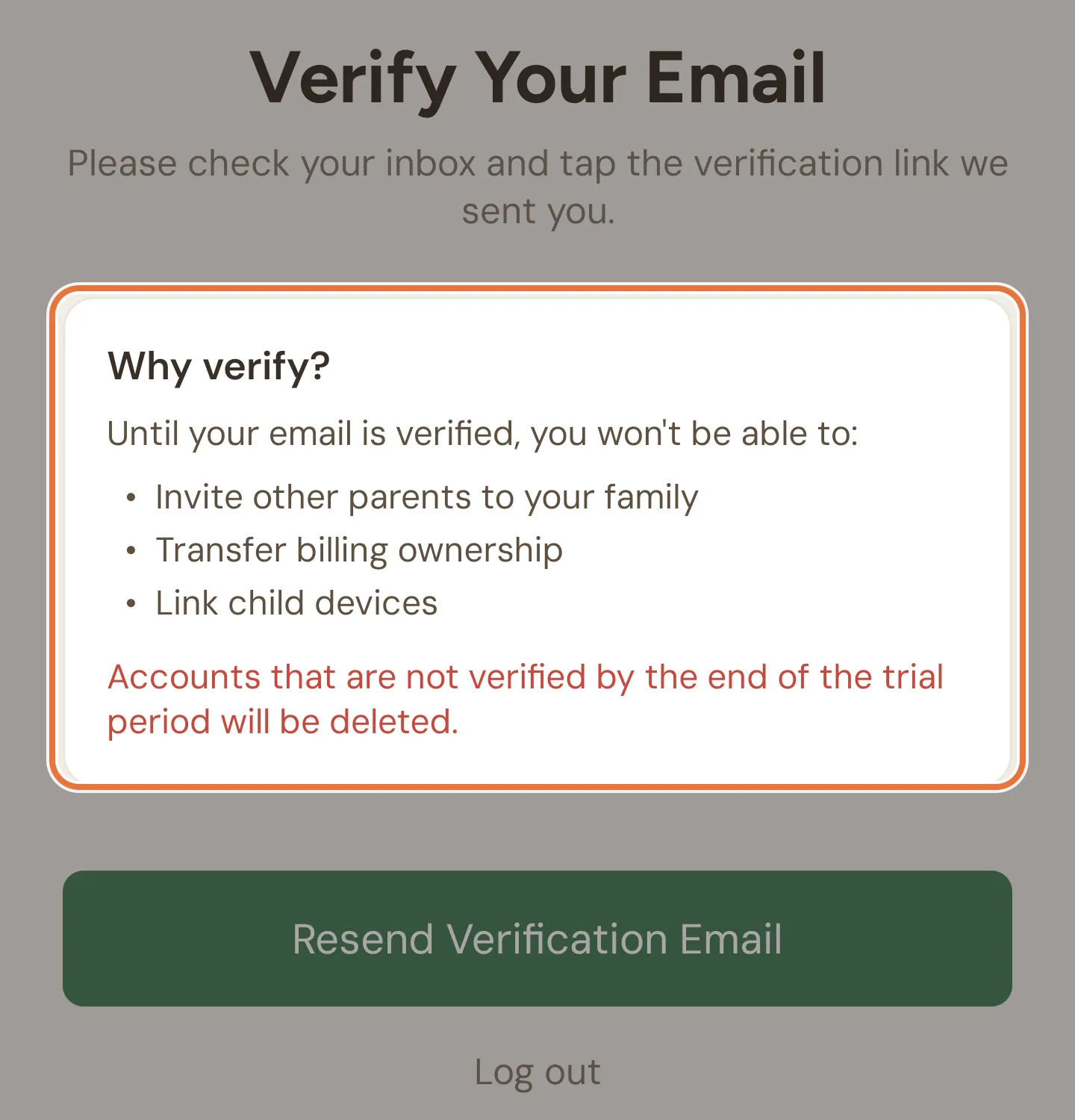 Verify Your Email screen with a Why verify? card listing what you can't do yet, and a Resend Verification Email button