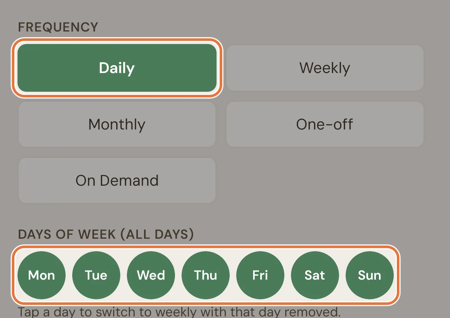 Frequency options Daily, Weekly, Monthly, One-off and On Demand, with Daily selected and all seven day circles ticked
