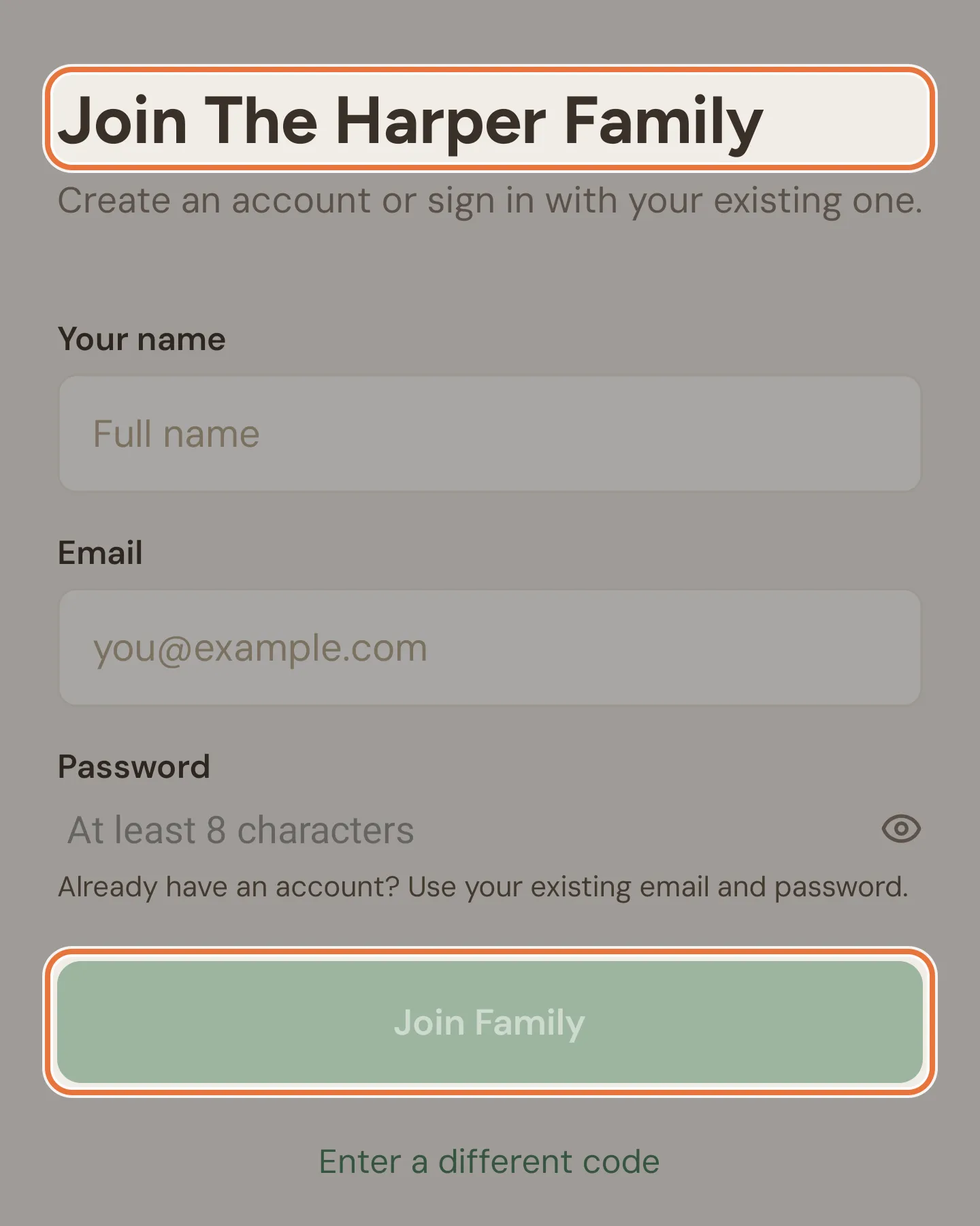 Join family screen showing the family name, with name, email and password fields