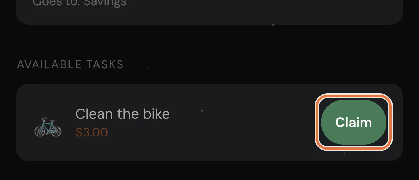 Available Tasks list in the Kid Portal with a Claim button