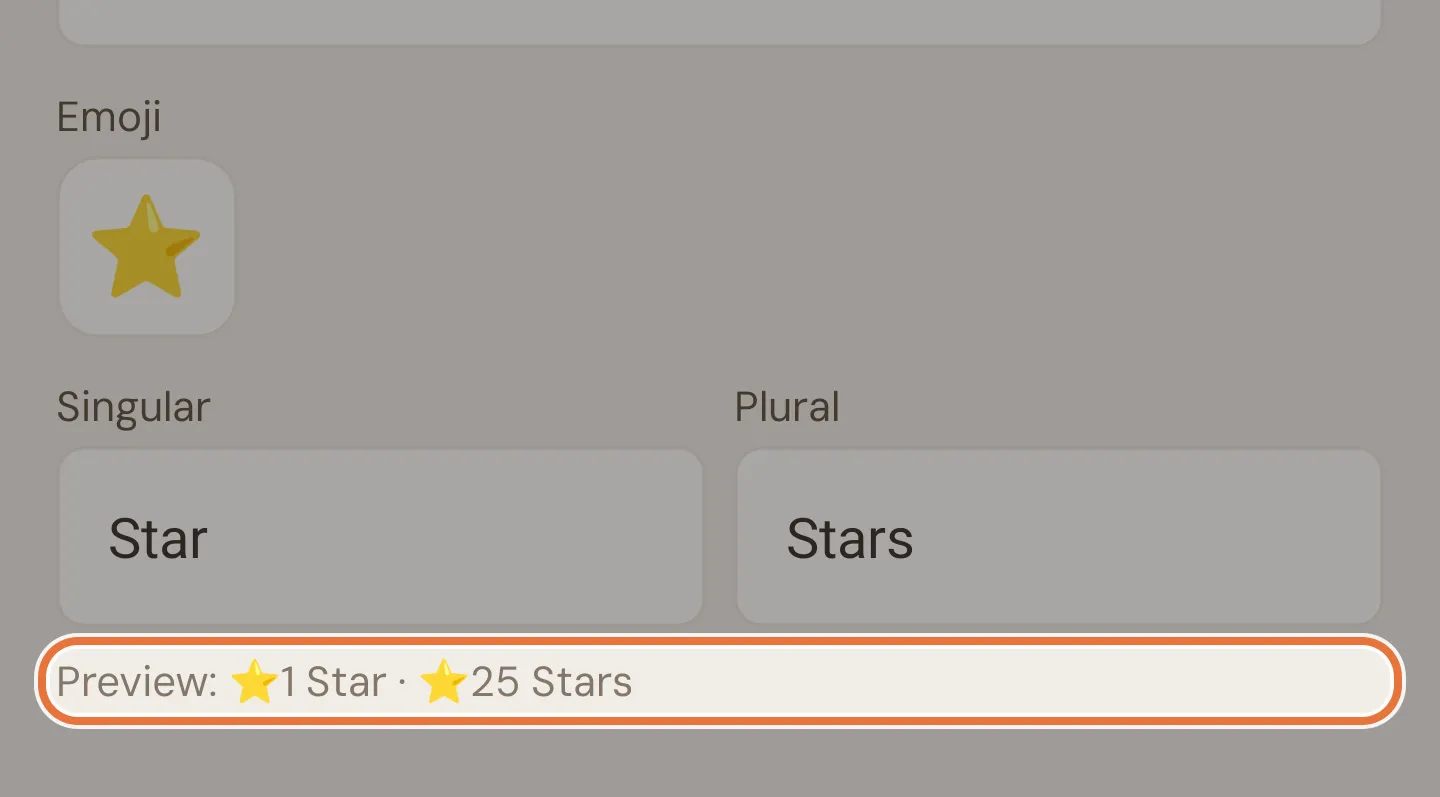 Currency emoji set to a star, names Star and Stars, and a preview reading one star and twenty-five stars