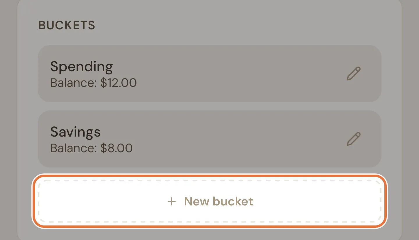 The Buckets card listing Spending and Savings, with the New bucket button highlighted