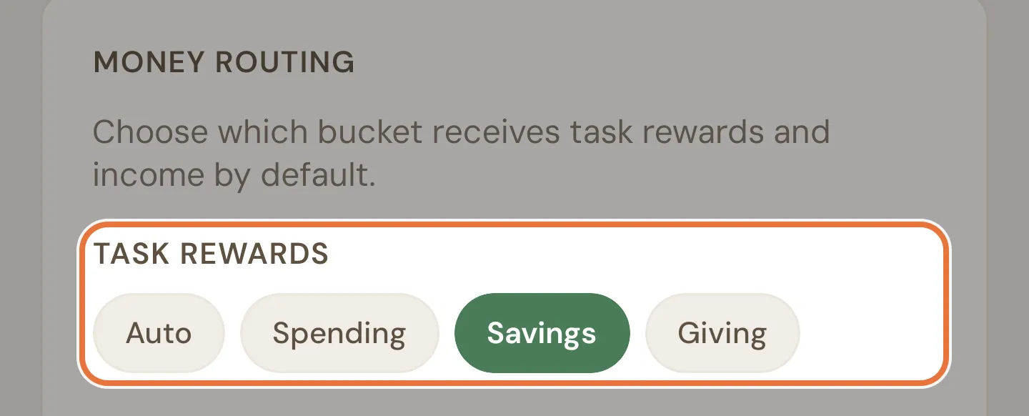Money routing section with Task rewards set to the Savings bucket