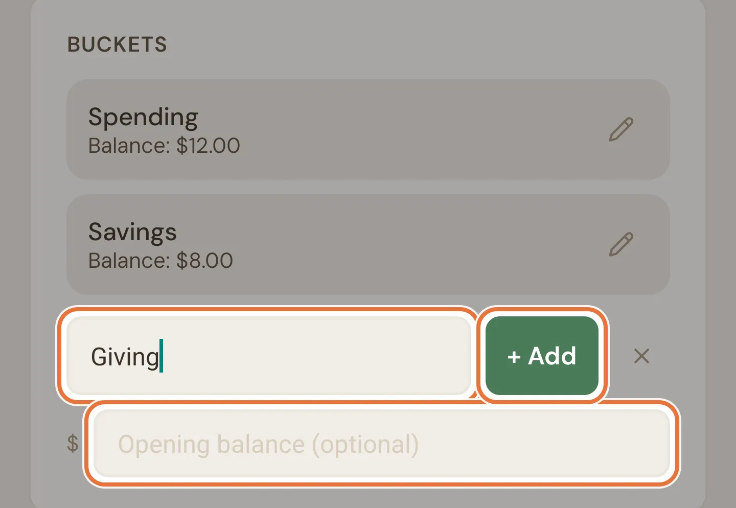 New bucket form with Giving typed as the name and an opening balance field