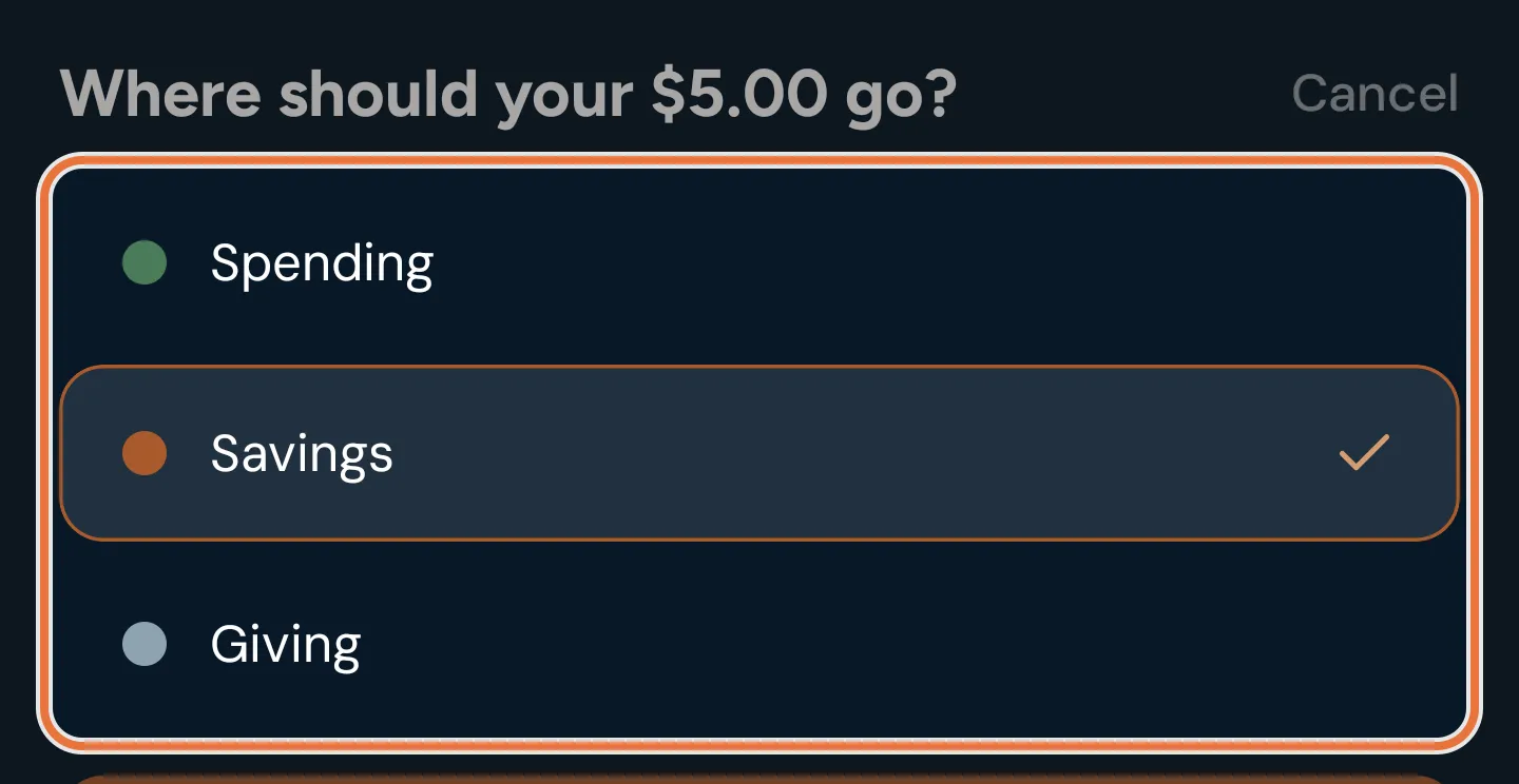 A sheet asking Where should your $5.00 go? with Spending, Savings and Giving to choose from