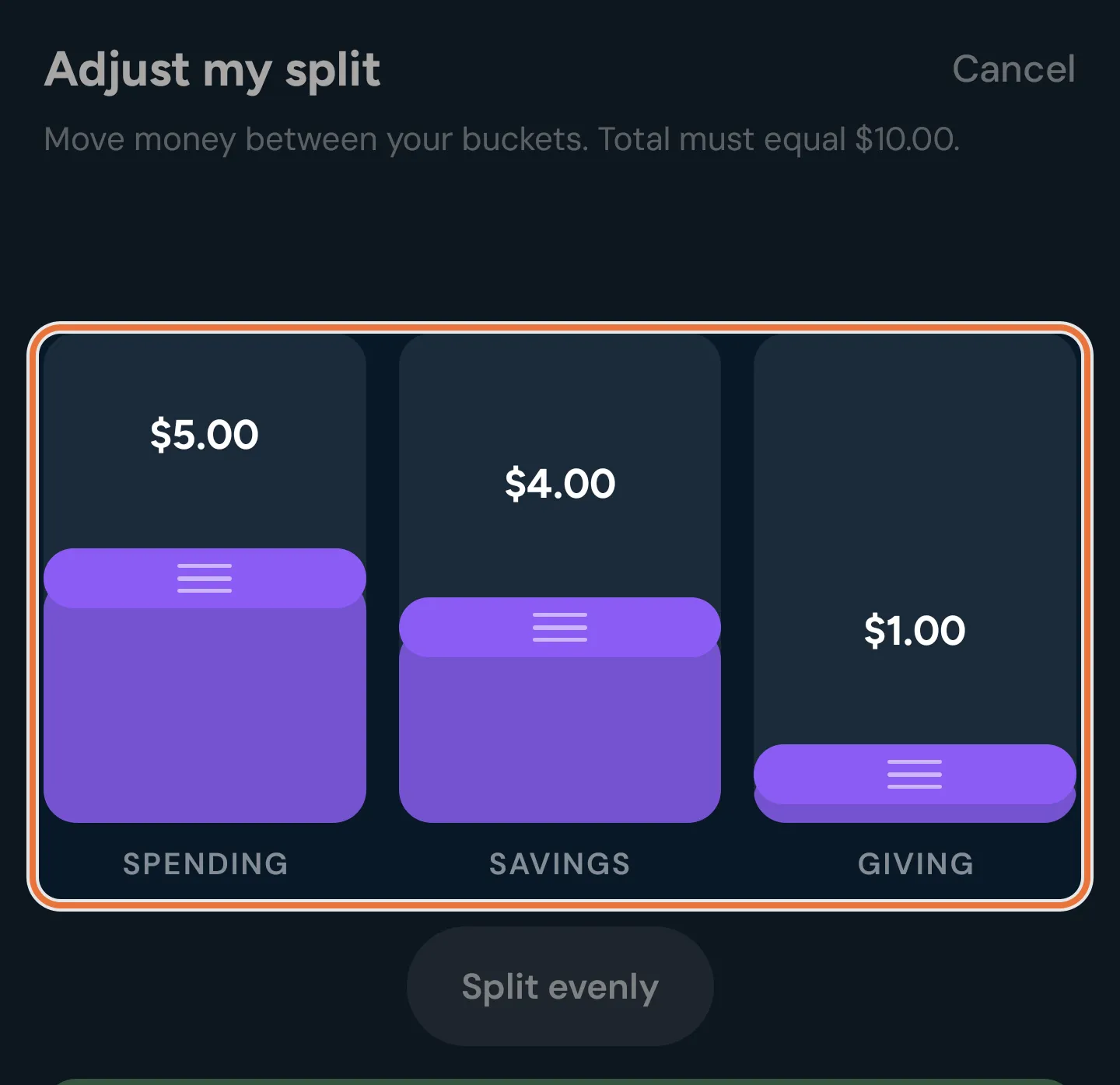 Adjust my split sheet in the Kid Portal with bars for Spending, Savings and Giving