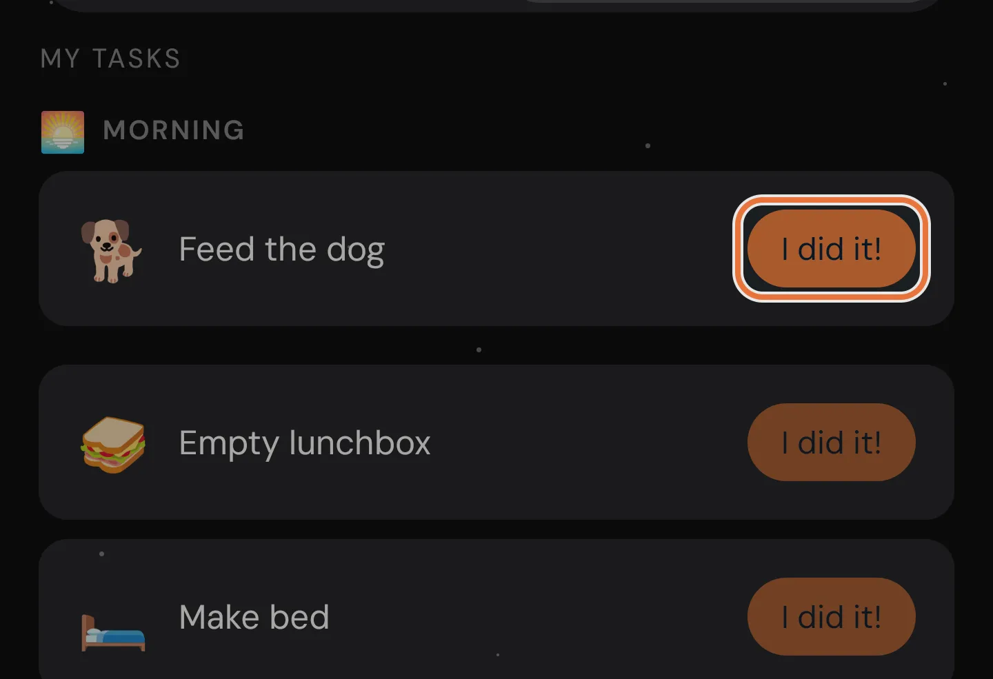 A kid's task list with an I did it! button on each job