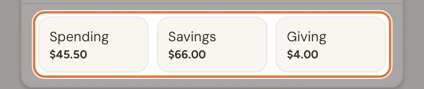 A kid's card on the Money tab with Spending, Savings and Giving tiles