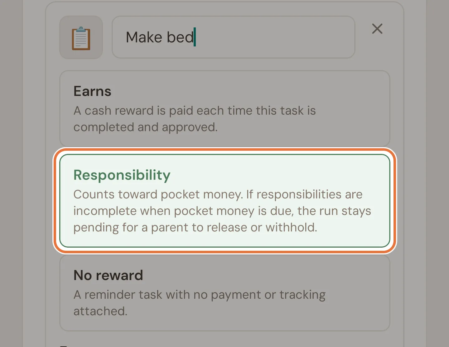 Task card in setup with Earns, Responsibility and No reward options