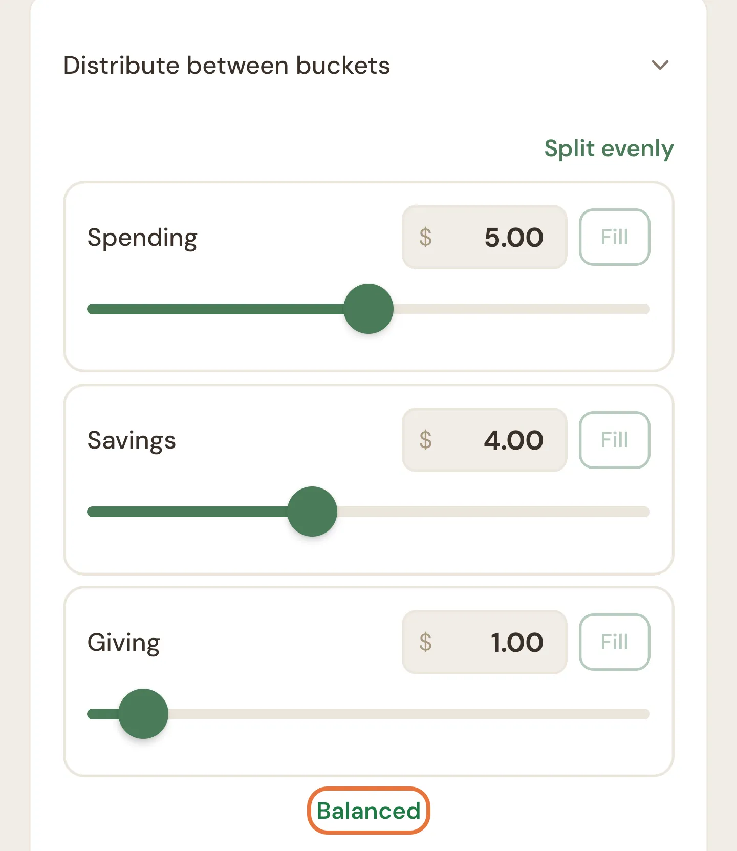 Pocket money split across Spending, Savings and Giving buckets, showing Balanced
