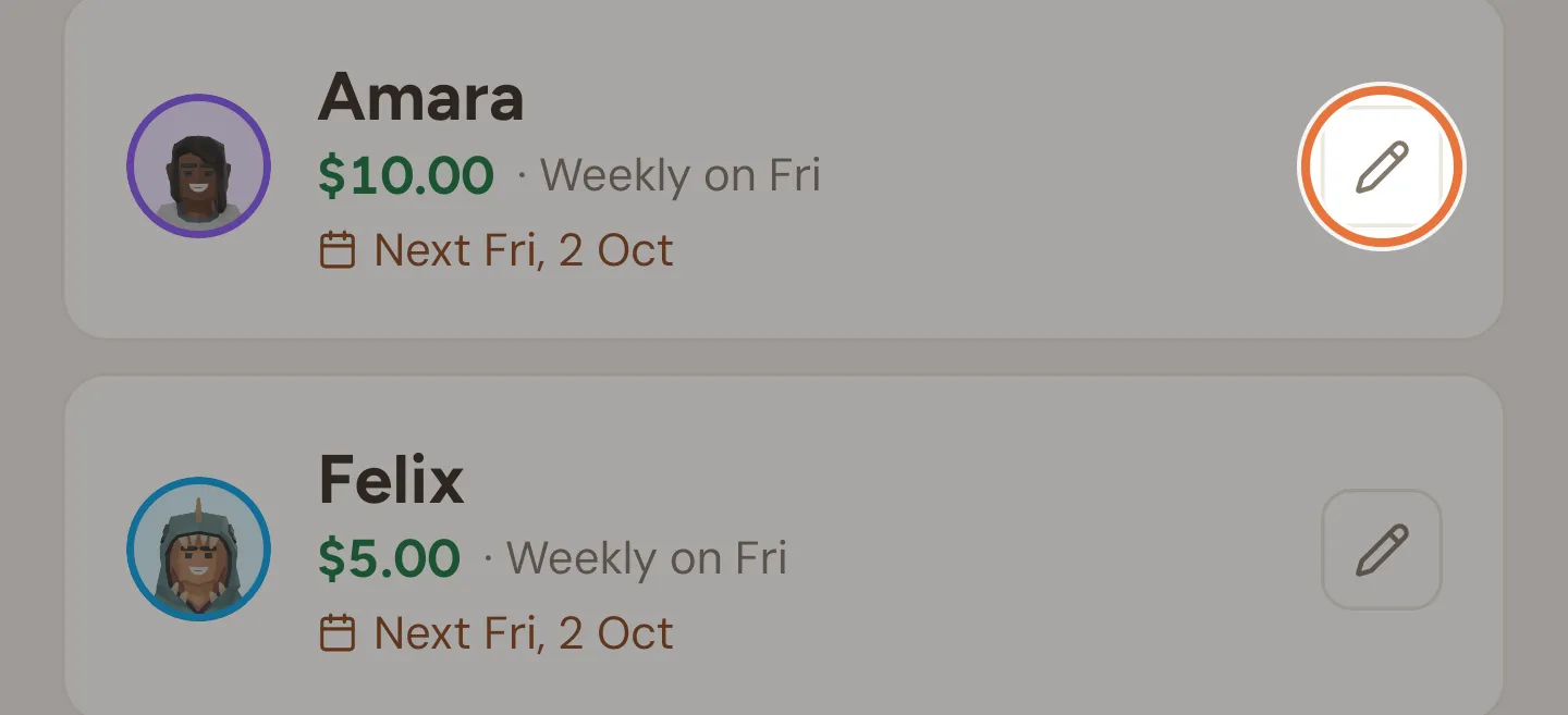 Pocket money setup list with the edit button next to Amara highlighted