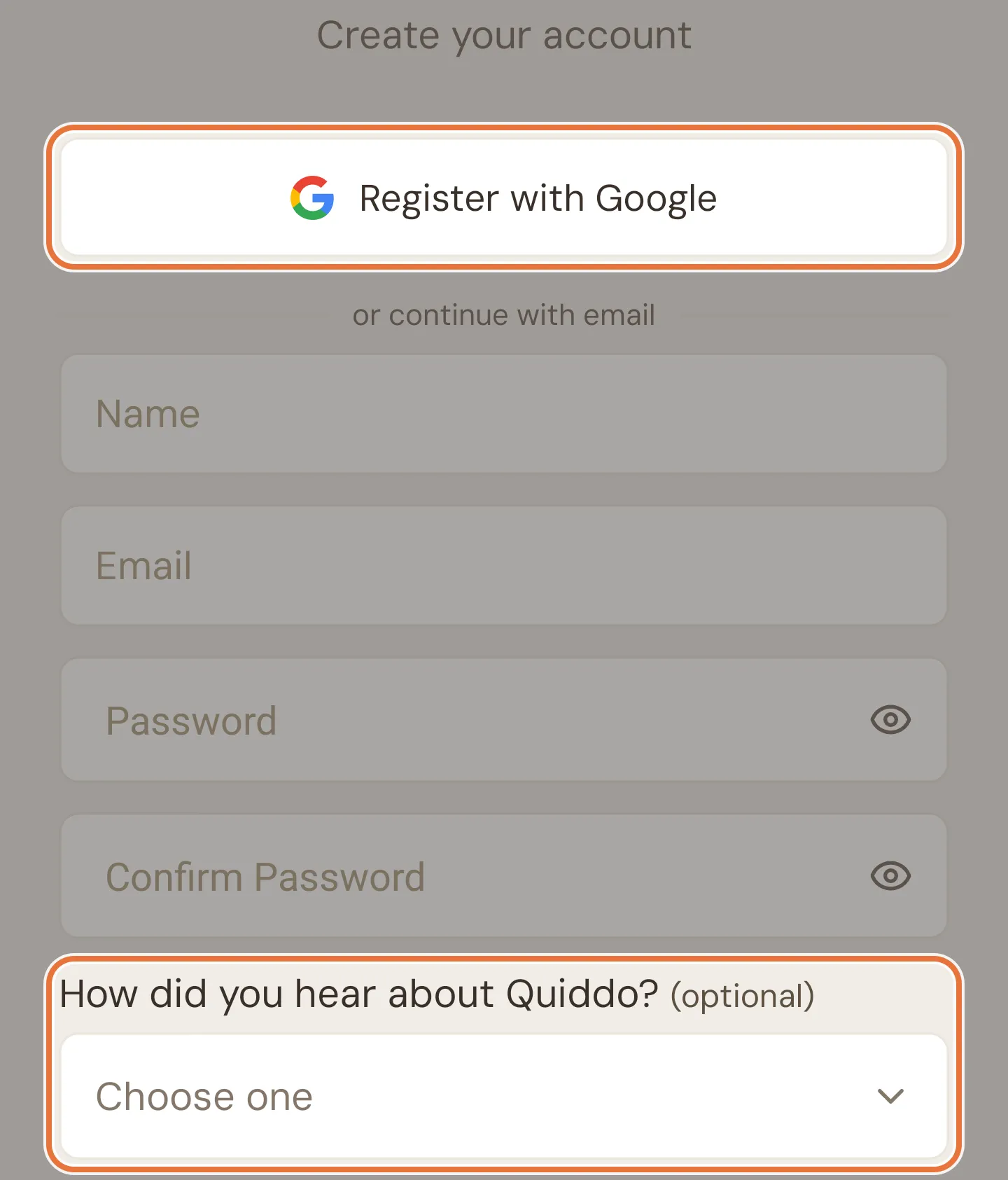 Sign up screen with a Register with Google button above the email form, and the optional How did you hear about Quiddo? question below it (iPhone adds Sign up with Apple)