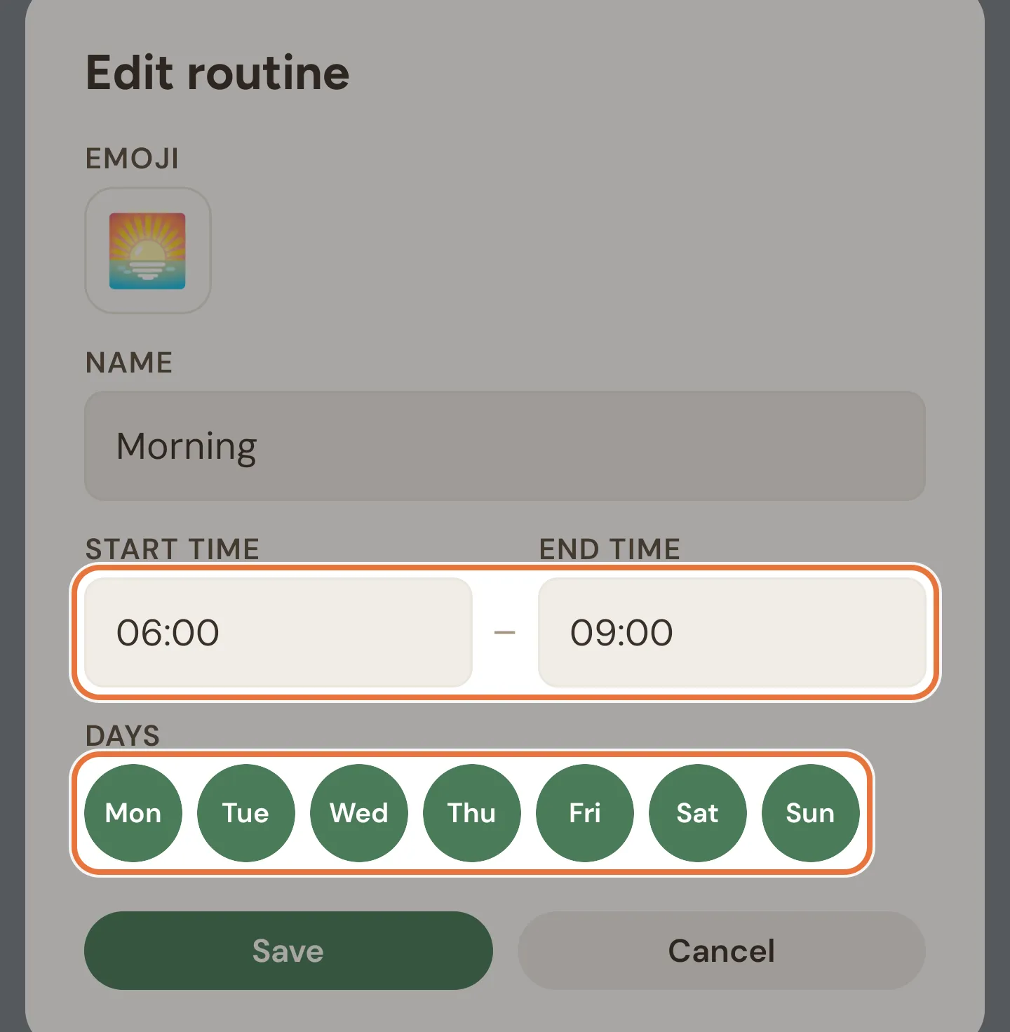 Routine form for Morning with a start time of 06:00, an end time of 09:00 and all seven day chips selected