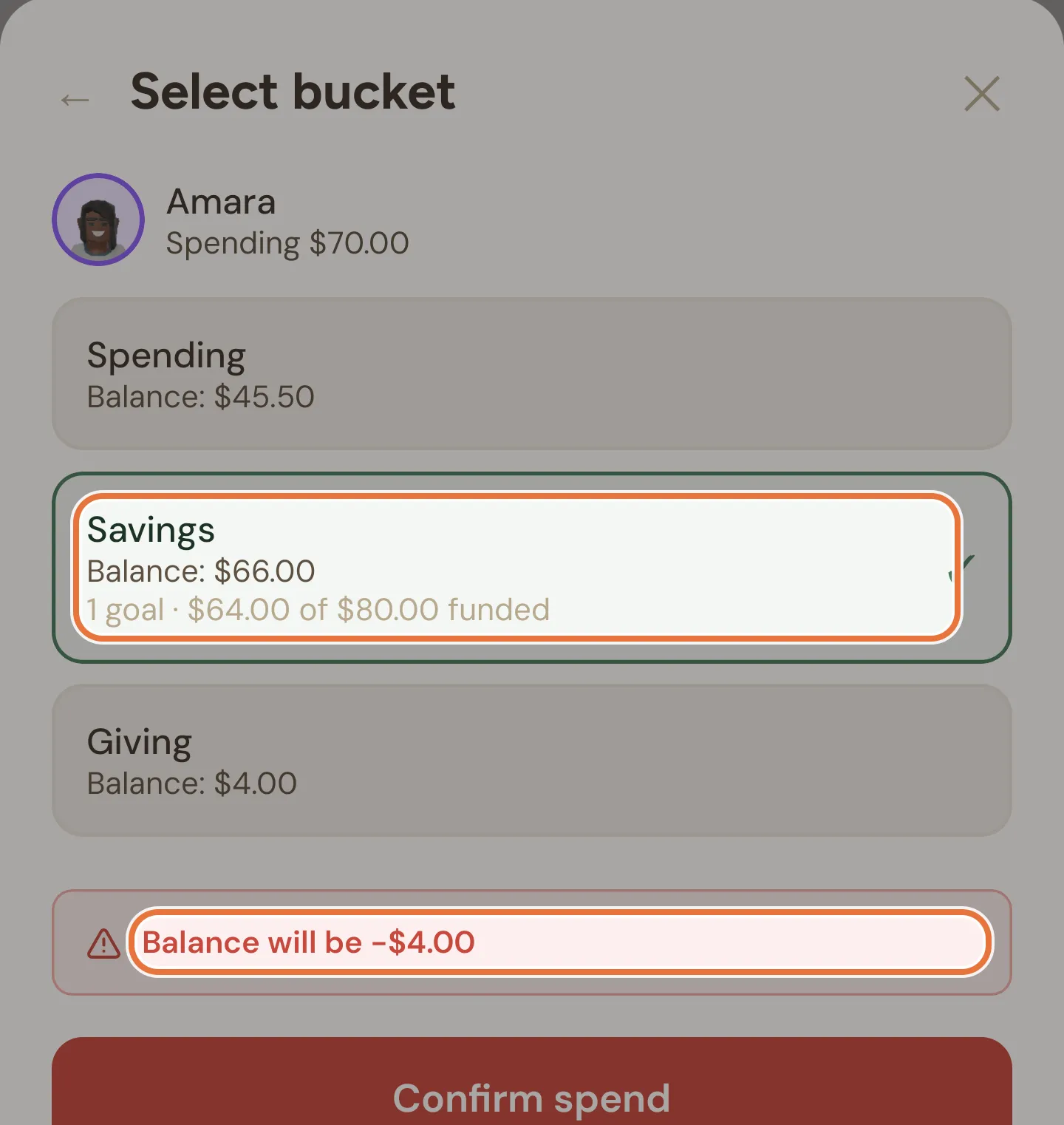 Select bucket step of the spend sheet, listing each bucket with its balance and goal progress, with a warning that the balance will go below zero